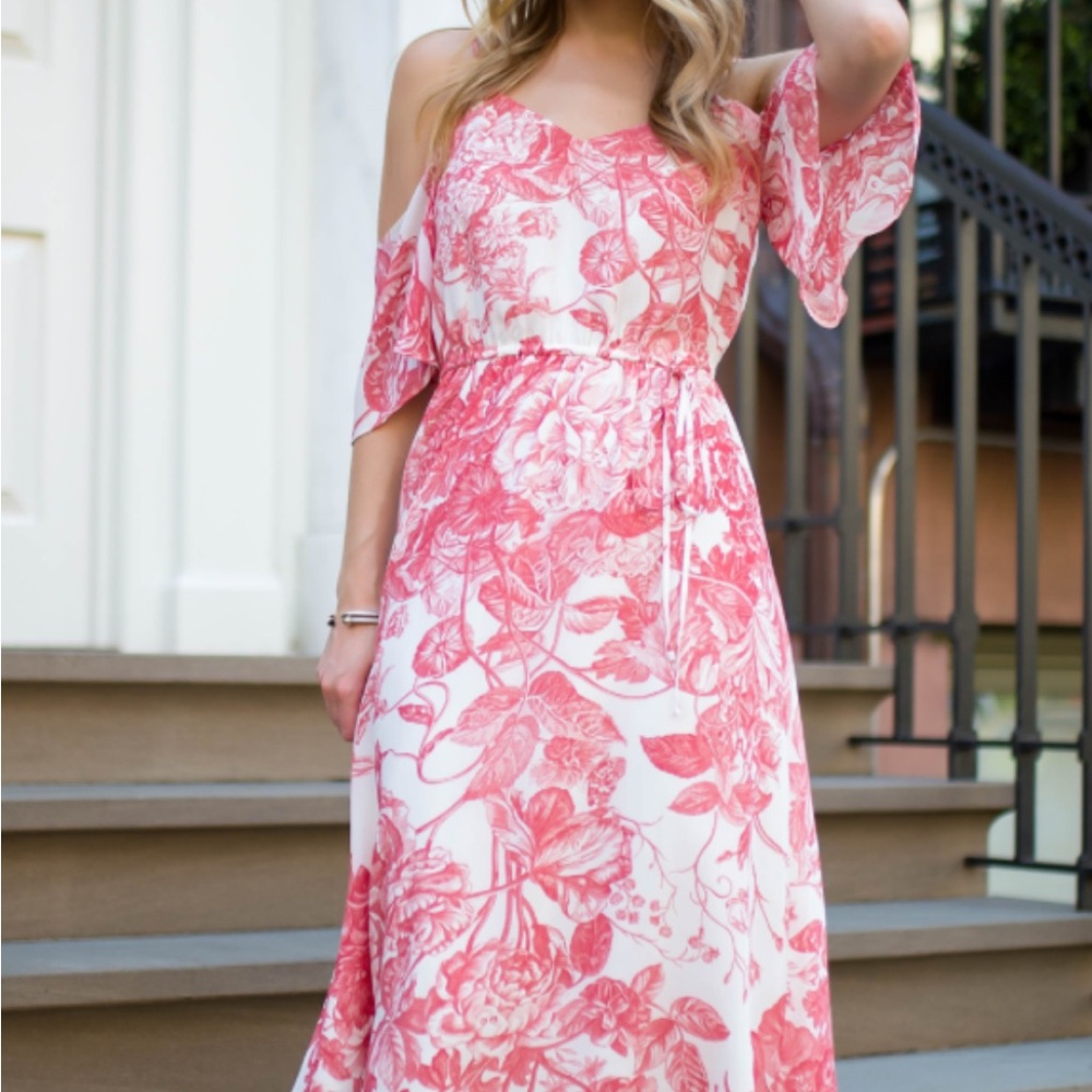 LOFT Cold Shoulder Red & White Floral/Toile Print Midi Dress- Large